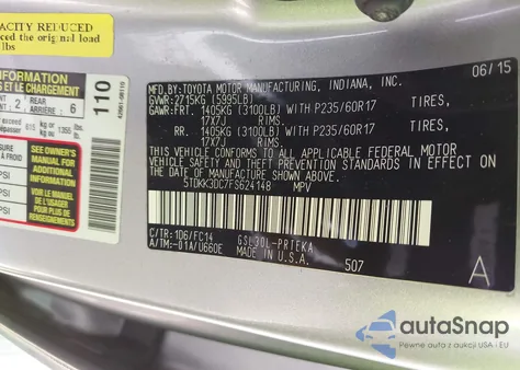 2015 Toyota Sienna Le 8 Passenger z USA, uszkodzony, nr VIN 5TDKK3DC7FS624148